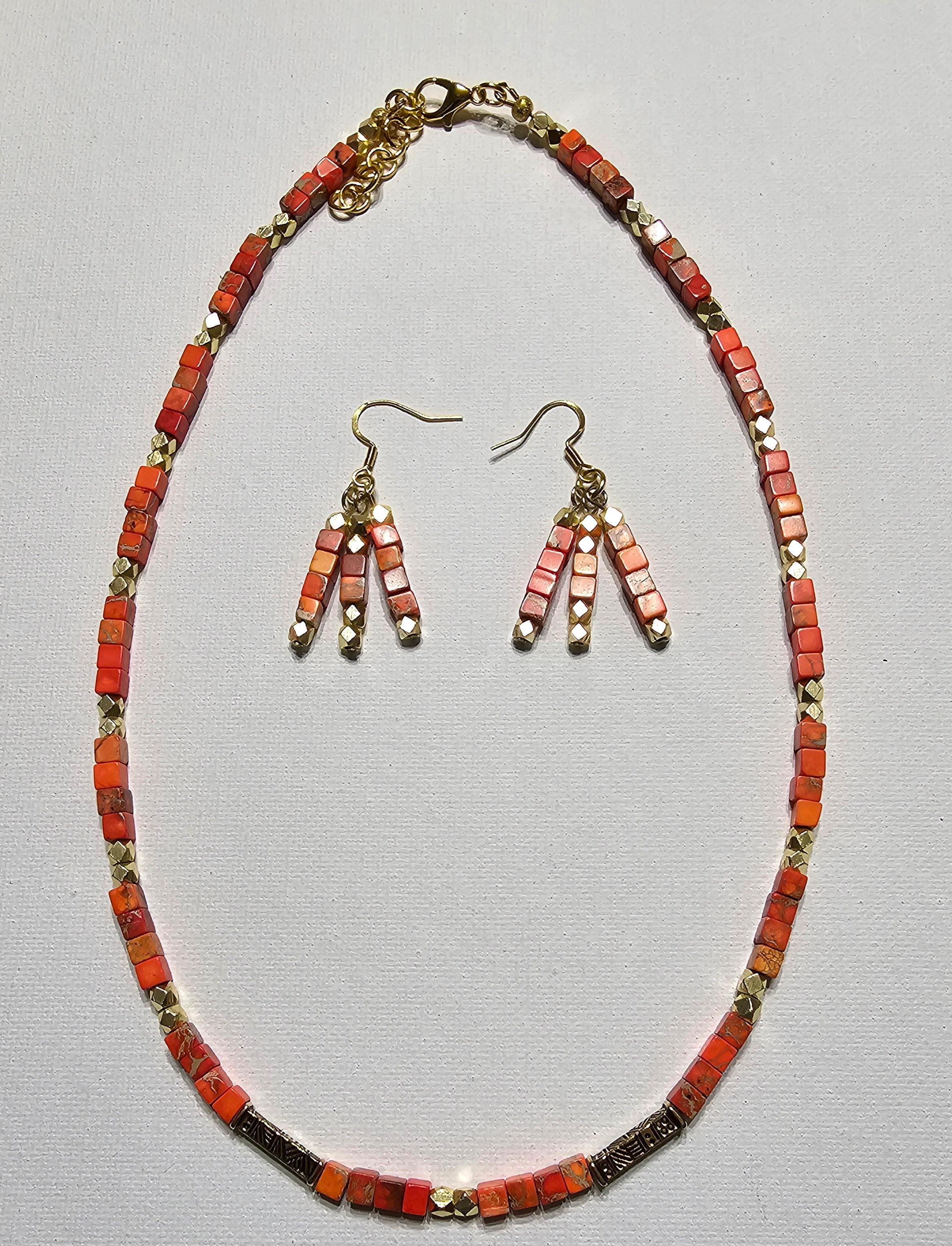 Orange Jasper & Brushed Gold Beads Necklace & Earring Set