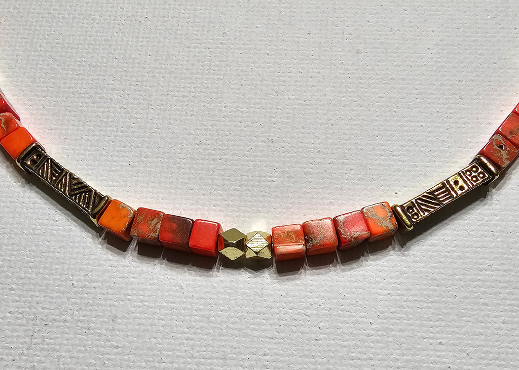 Orange Jasper & Brushed Gold Beads Necklace & Earring Set