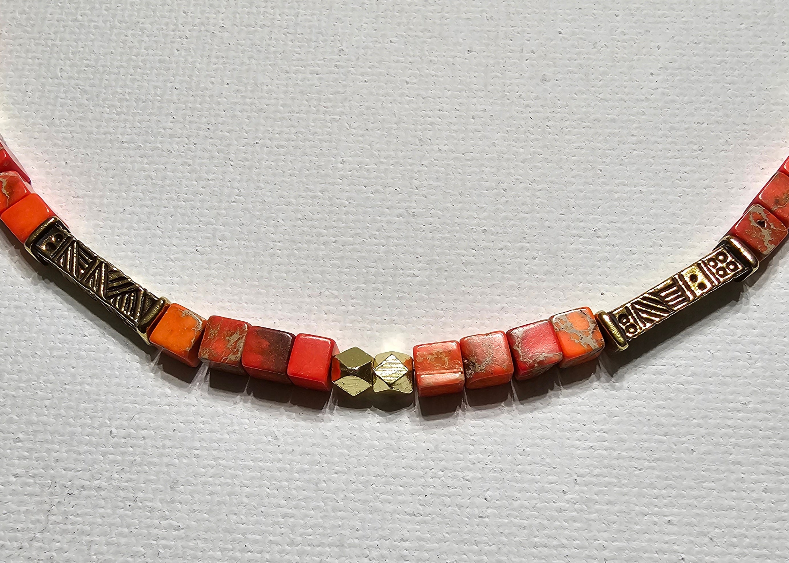 Orange Jasper & Brushed Gold Beads Necklace & Earring Set