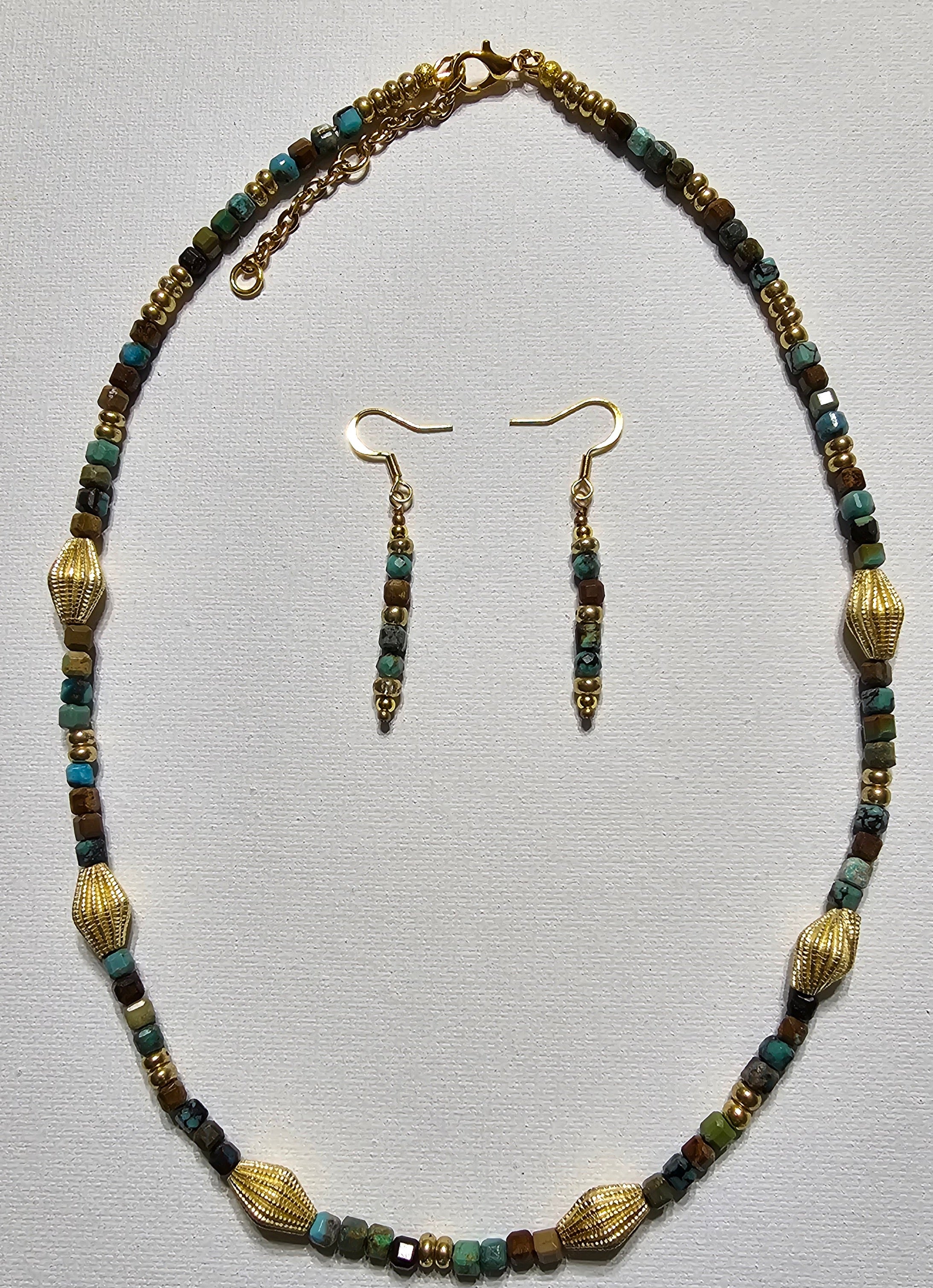 African Turquoise & Brushed Gold Beads Necklace & Earring Set