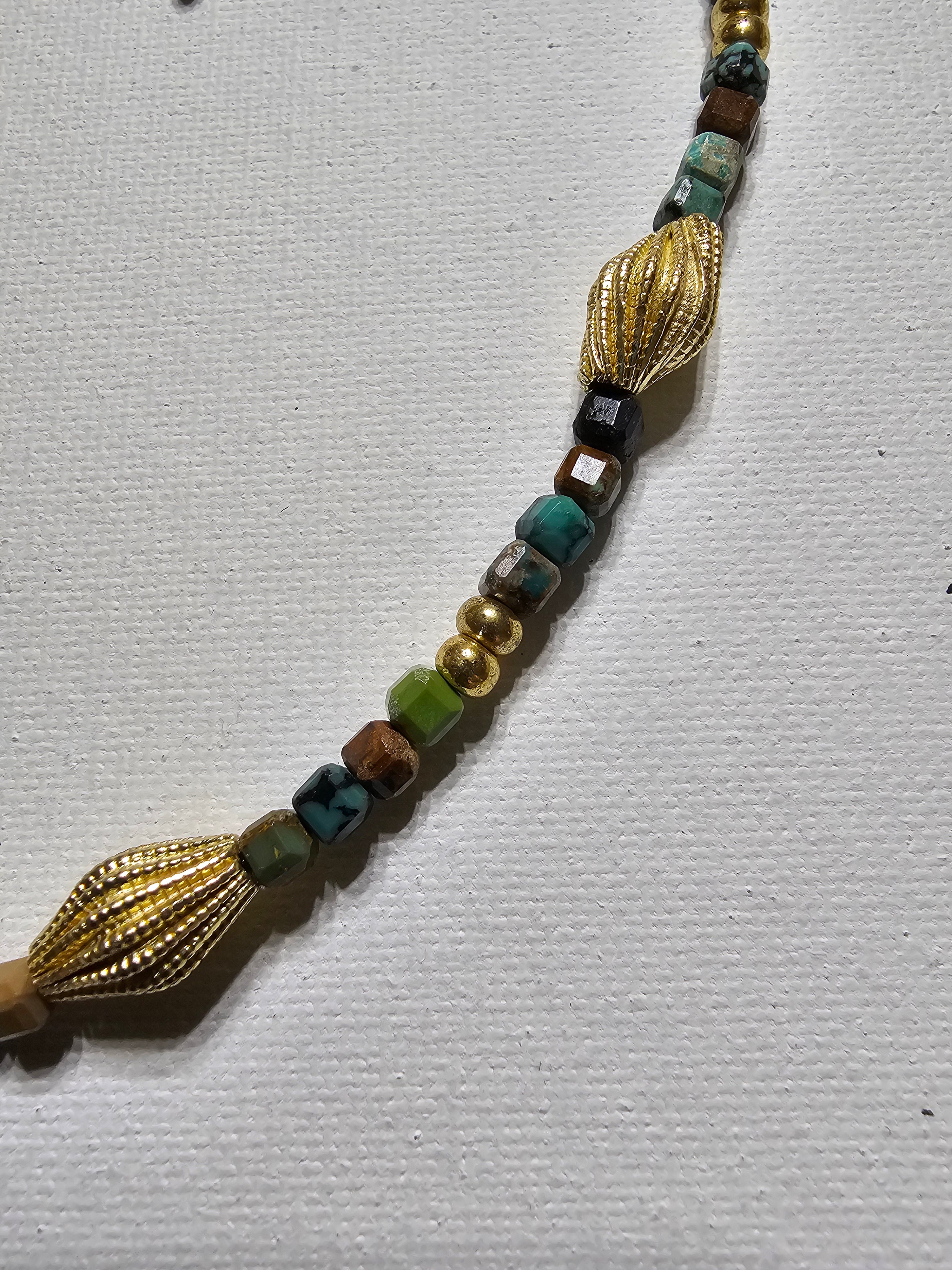 African Turquoise & Brushed Gold Beads Necklace & Earring Set