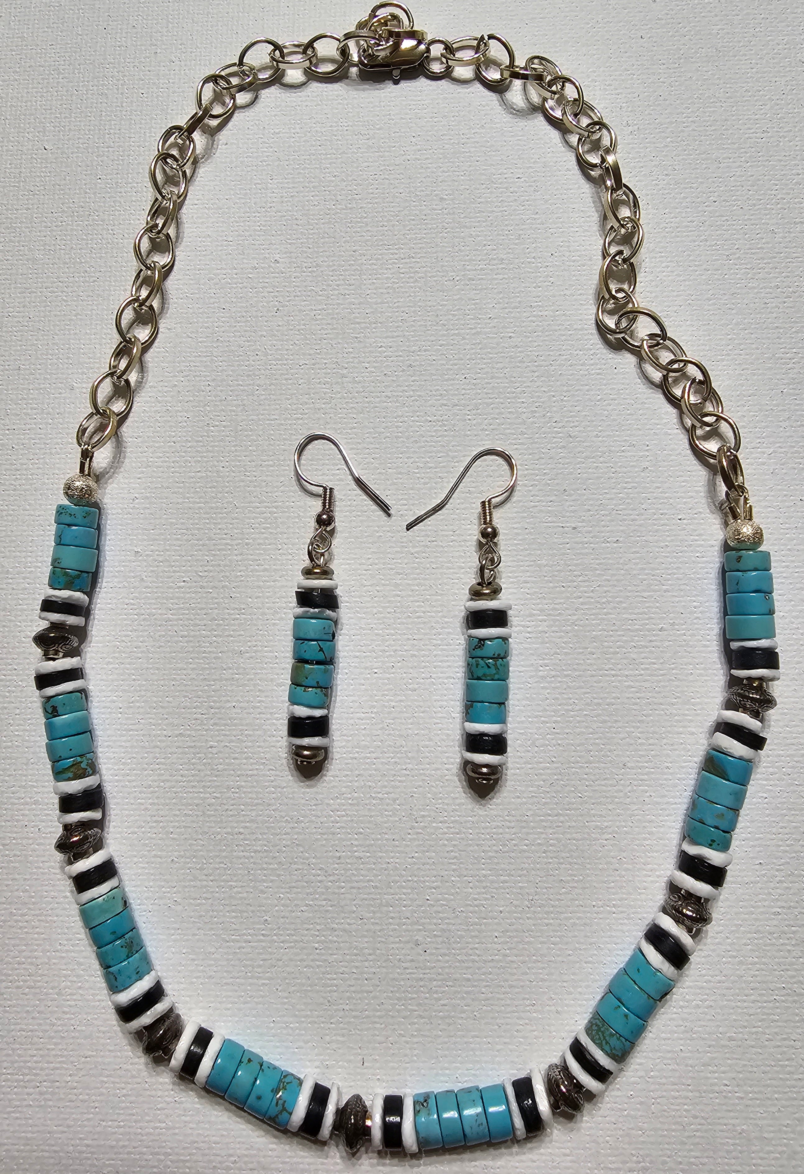 Turquoise, Shell & Black Bead, and Tibetan Silver Beads Necklace & Earring Set