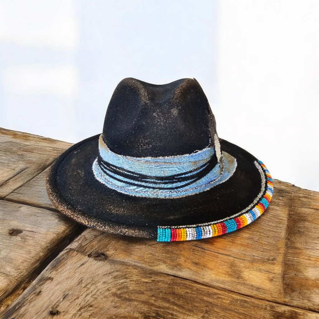 Beaded Black Felt Western Fedora Hat Medium Adfustable