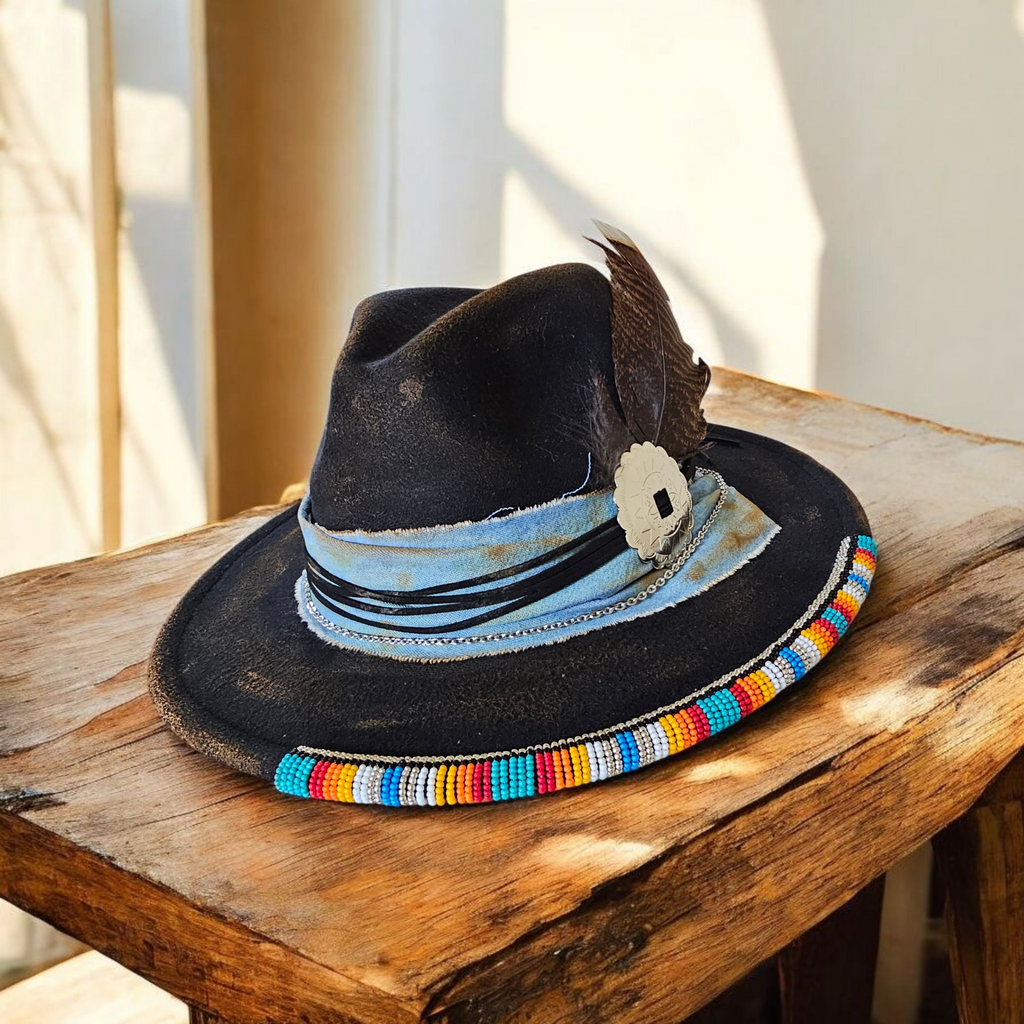 Beaded Black Felt Western Fedora Hat Medium Adfustable