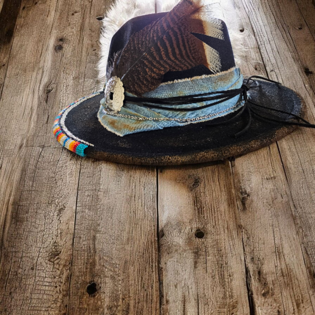 Beaded Black Felt Western Fedora Hat Medium Adfustable